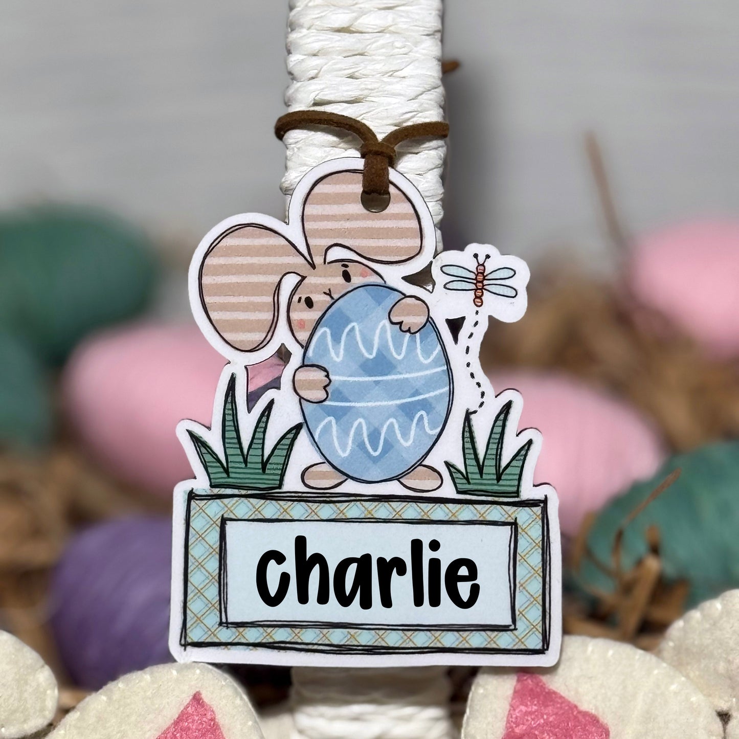 Boy Bunny with Egg Personalized Easter Basket Tag