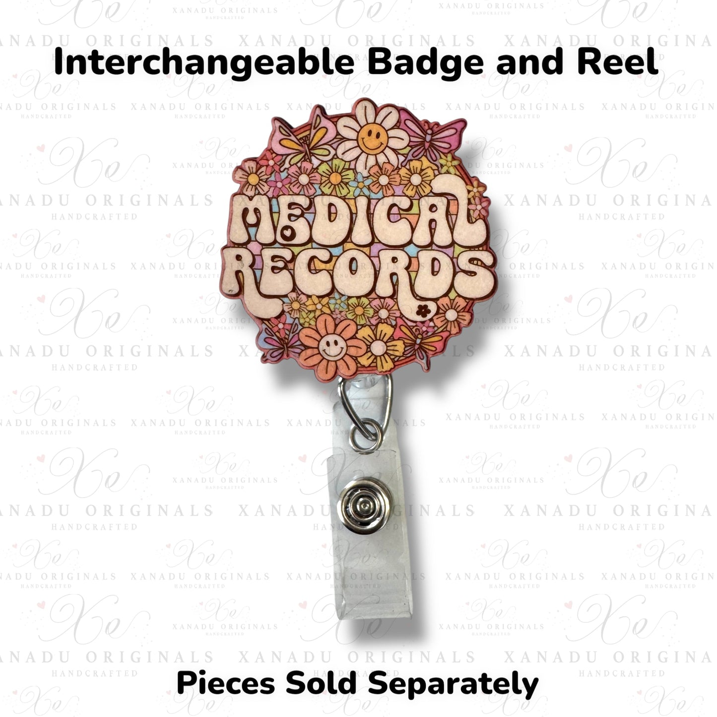 Medical Records Retro Floral Interchangeable Badge Button with Reel Option