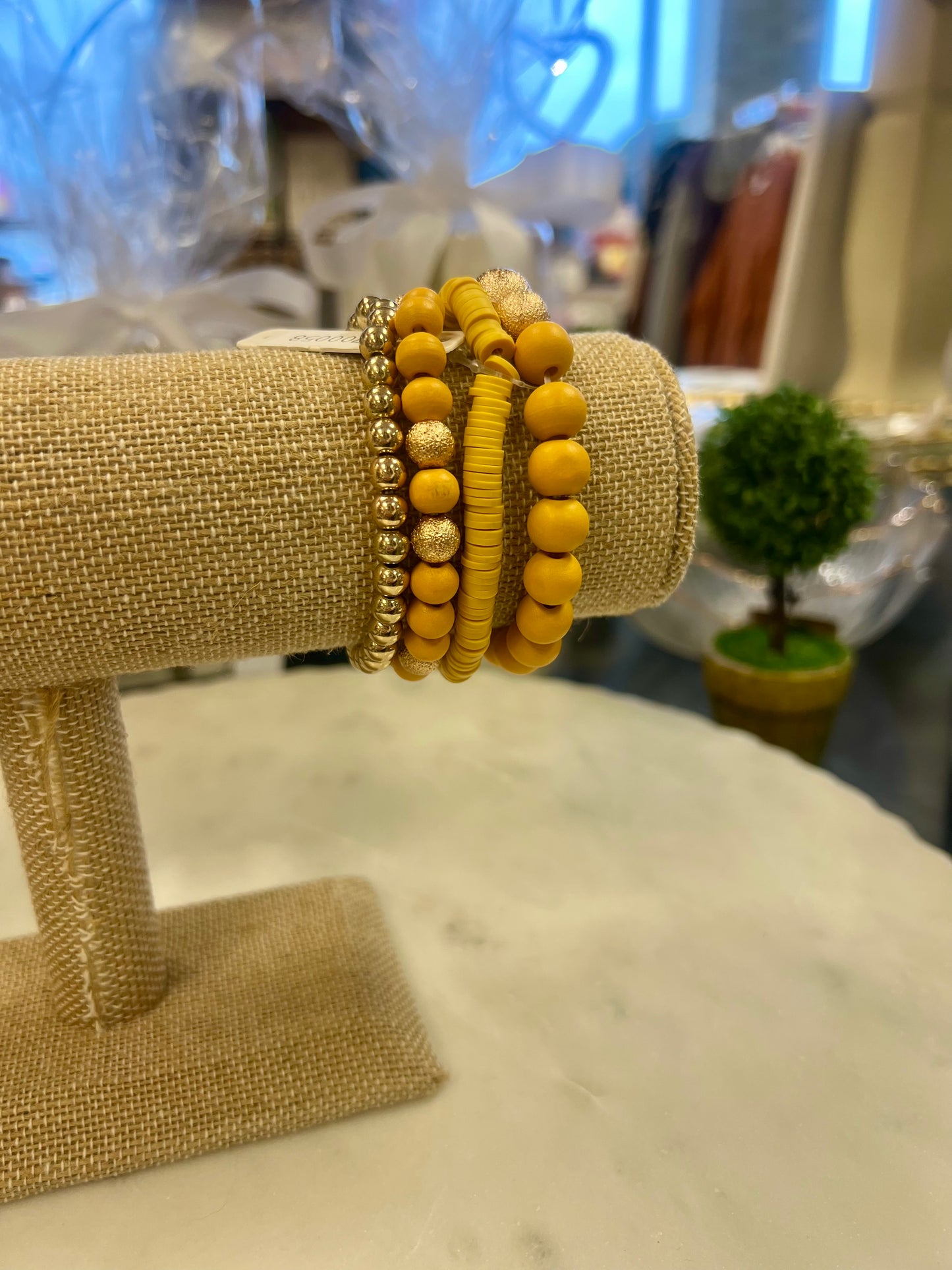 Wood Ball Gold Accent Bracelet Stack