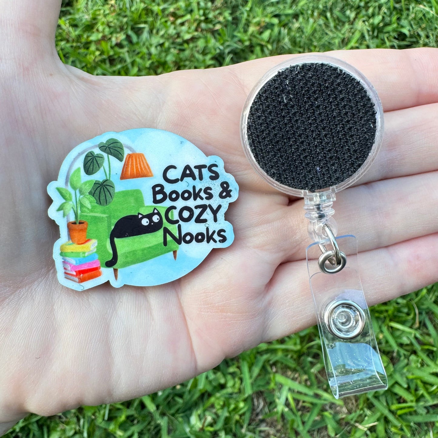 Cats Books & Cozy Nooks Interchangeable Badge Button with Reel Option