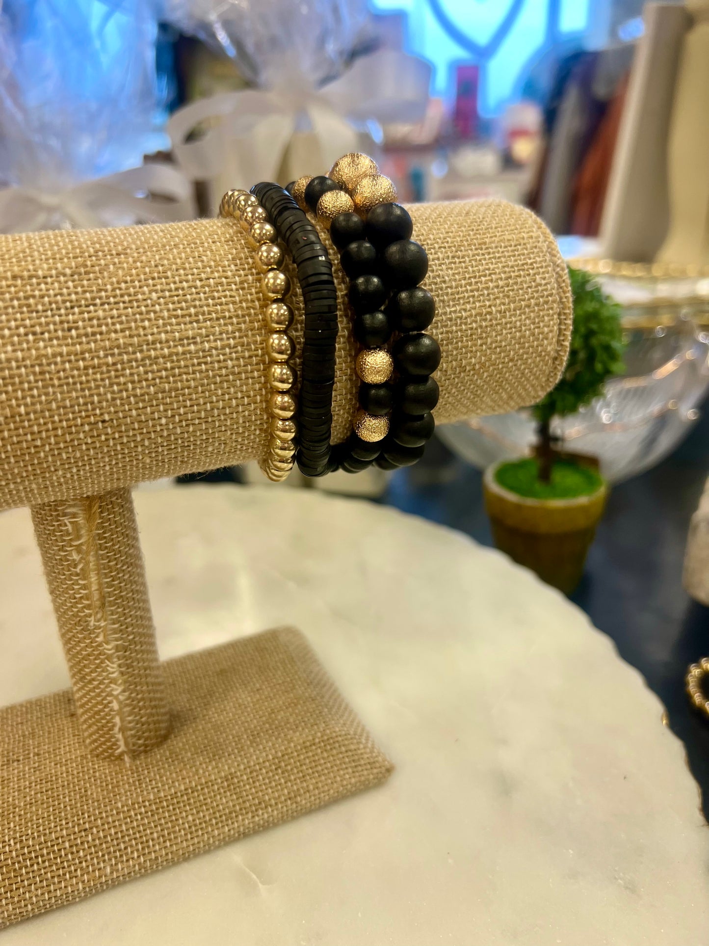Wood Ball Gold Accent Bracelet Stack