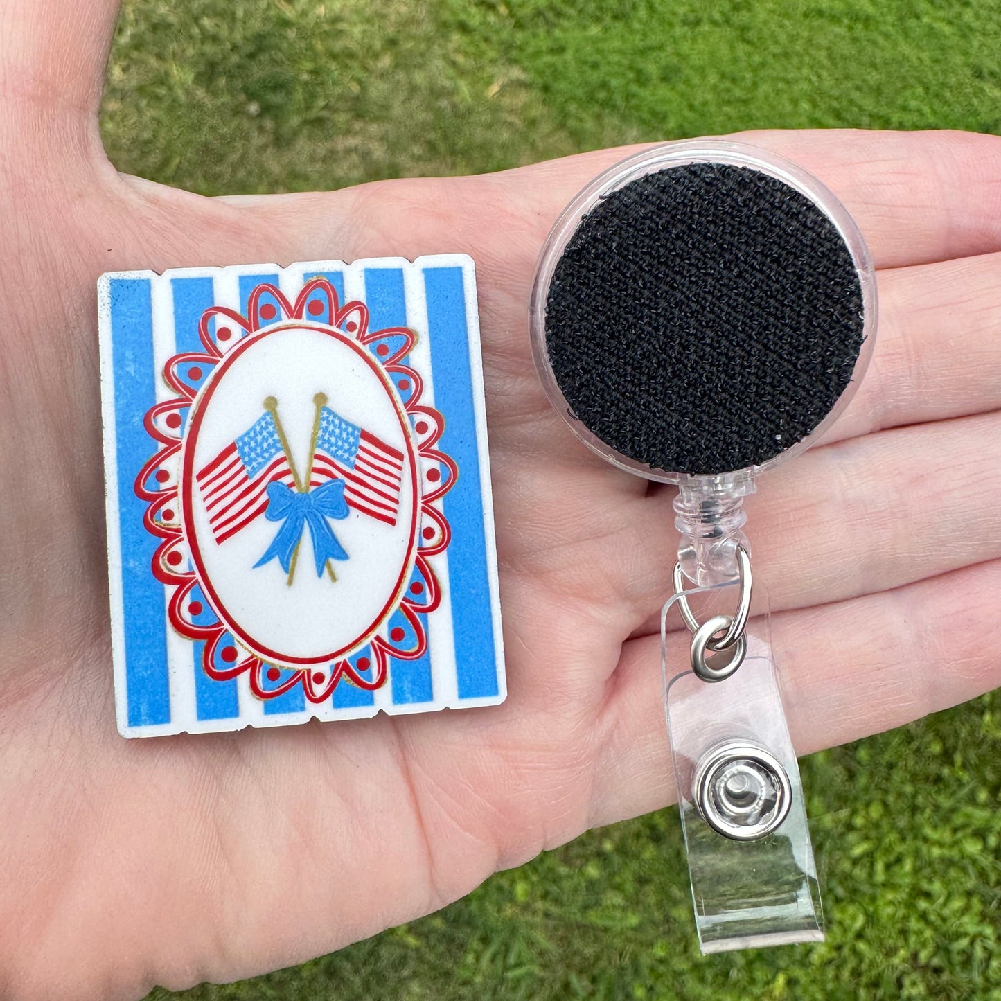 Flags Bow Pin Stripe Interchangeable Badge Button with Reel Option