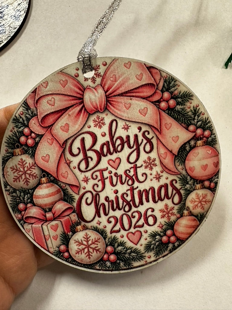 Baby's First Christmas 2026 Pink Wreath Ornament