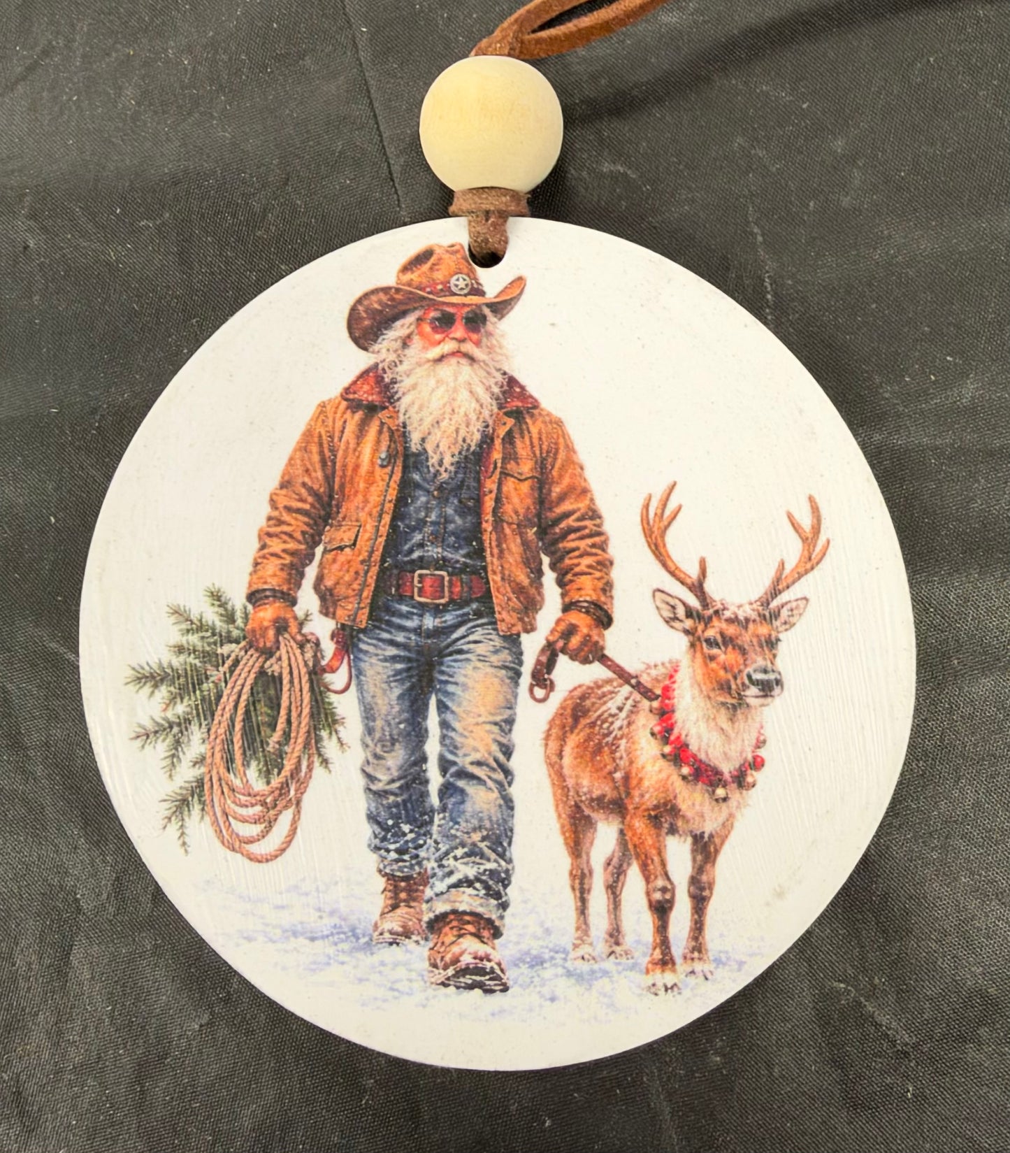 Cowboy Santa and Reindeer Ornament