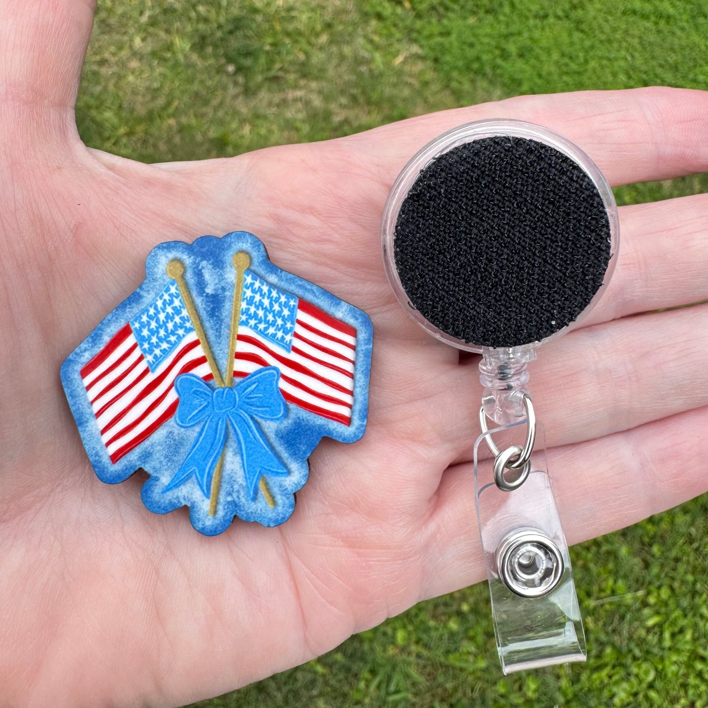 Flags Bow Interchangeable Badge Button with Reel Option