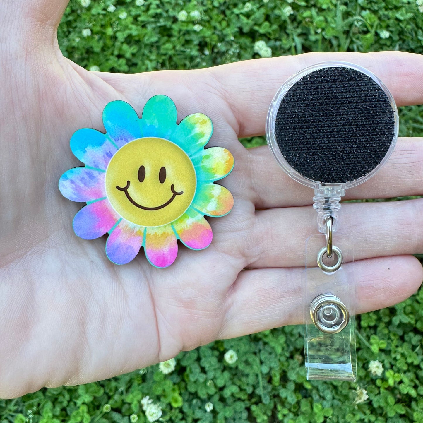 Smiley Flower Interchangeable Badge Button with Reel Option