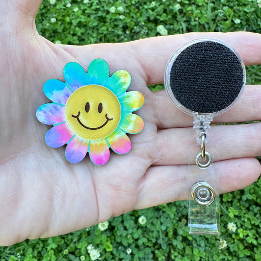 Smiley Flower Interchangeable Badge Button with Reel Option