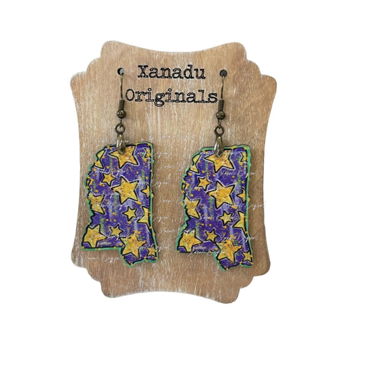 Mississippi Shaped Mardi Gras Stars Earrings