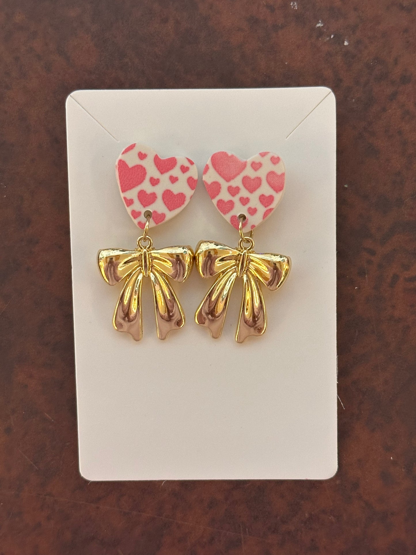 Pink Heart Print with Gold Bow Earrings