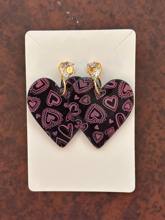Black Heart Print with Crystal Stud Earrings