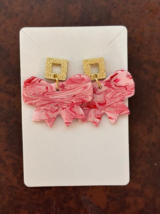 Gold Square Stud with Pink Swirl Bow Earrings