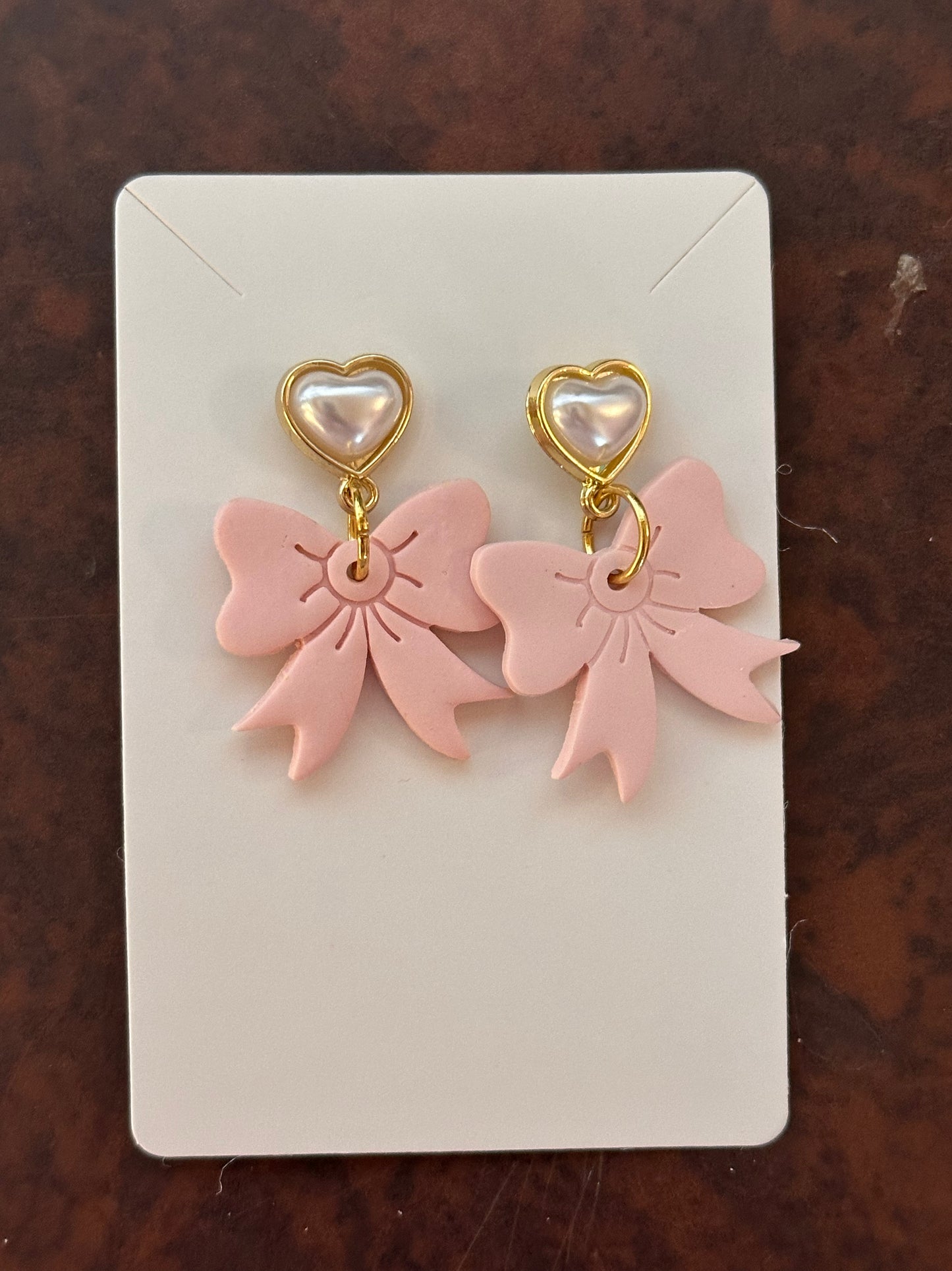 Pearl Heart Pink Bow Earrings