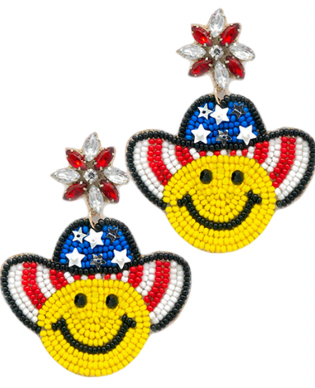 USA Smiley Cowboy Beaded Earrings