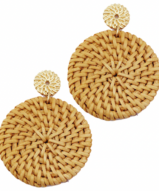 Rattan Disc & Metal Earrings