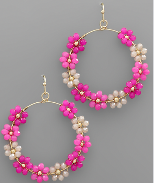 Fuschia Beaded Flower Circle Hoop Earrings