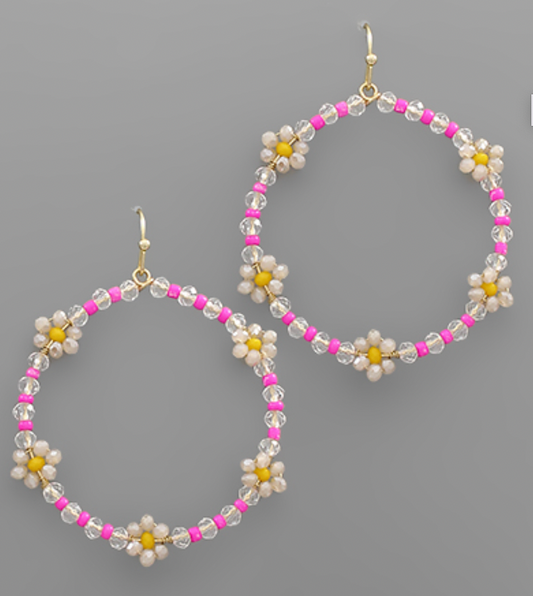 Beaded Daisy Circle Hoop Earrings