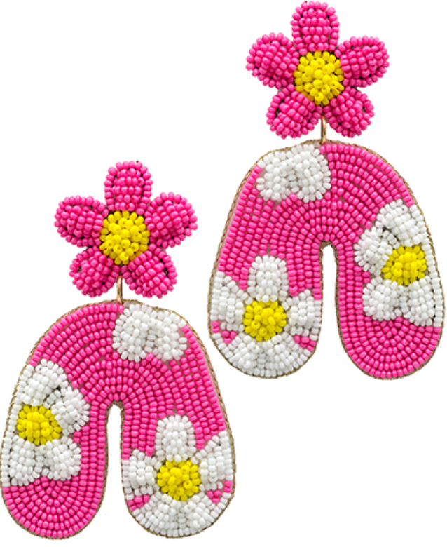 Pink Daisy Smiley Arched Beaded Earrings