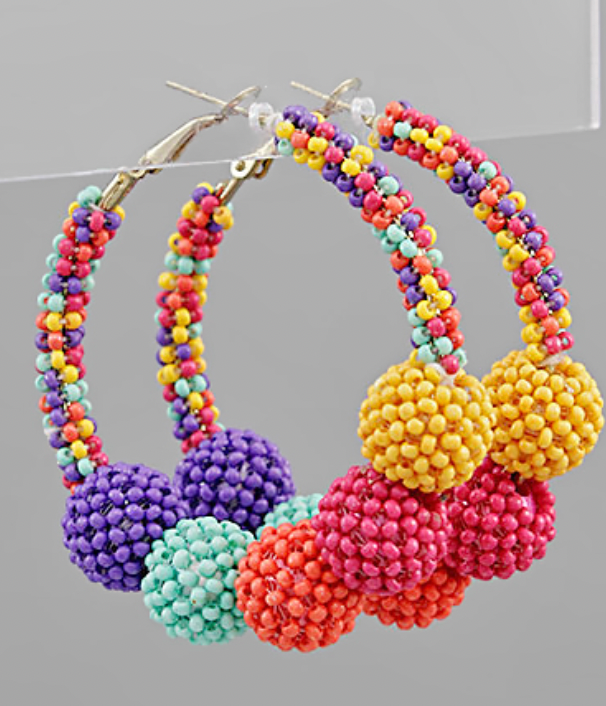 Rainbow Seed Bead Ball Hoops