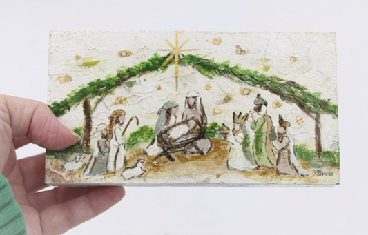 Haley Bush Evergreen Hand Painted Nativity Block