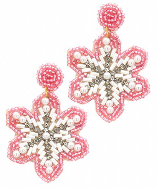 Pink Beaded Snowflake Earrings