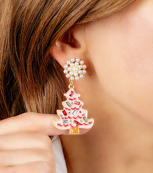 Pink Rhinestone Christmas Tree Enamel Earrings