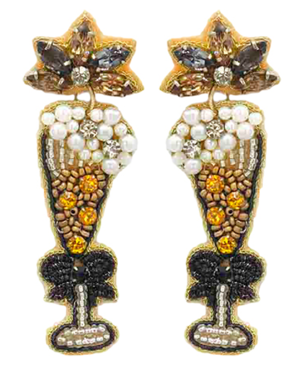 Gold Black Beaded Champagne Glass Earrings