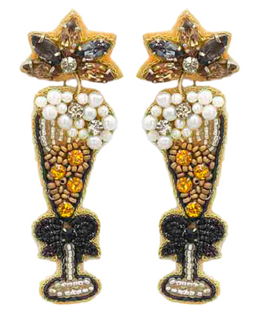 Gold Black Beaded Champagne Glass Earrings