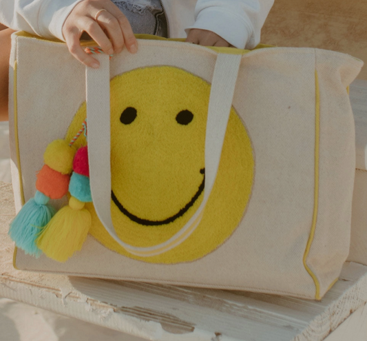 Happy Face Chenille Patch Canvas Tote Bag