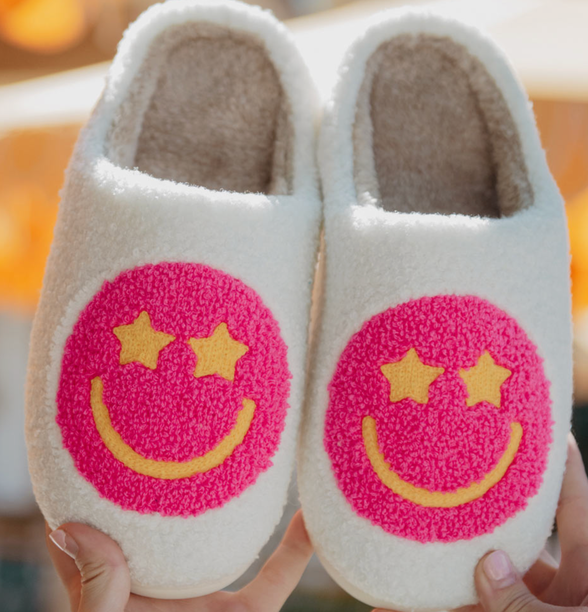 Hot Pink Star Eyed Happy Face Slippers