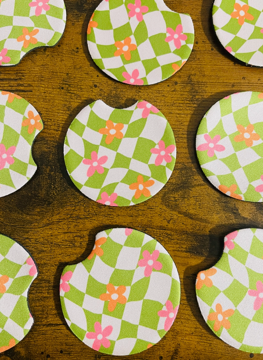 Groovy Green Check Car Coasters