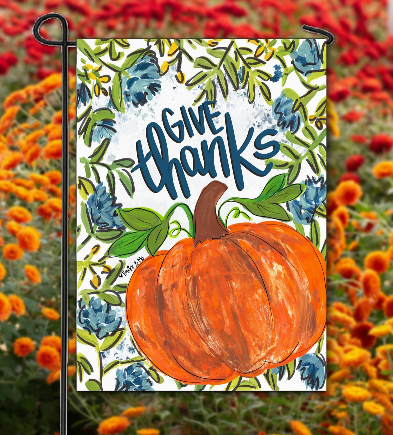 Blue Give Thanks Pumpkin Garden Flag