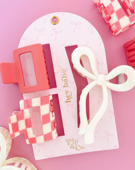 Checkered & Pink Claw Clip Set