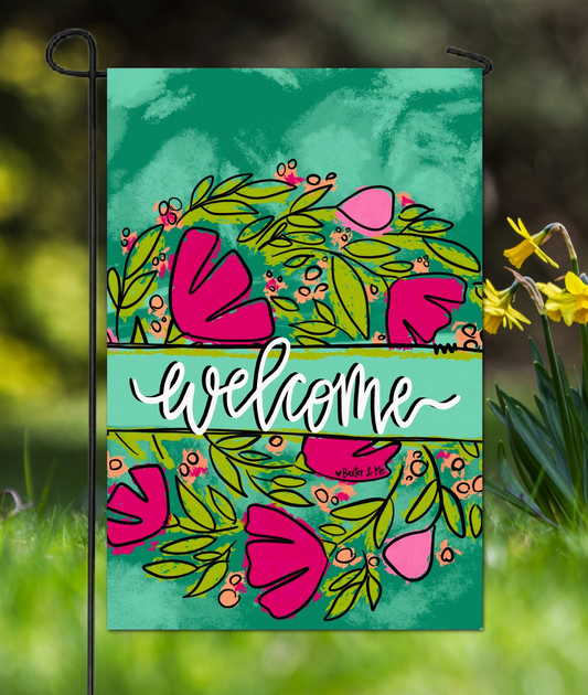 Welcome Pink Floral Garden Flag