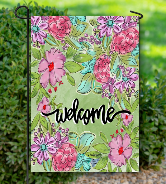Welcome Pink & Purple Floral Garden Flag
