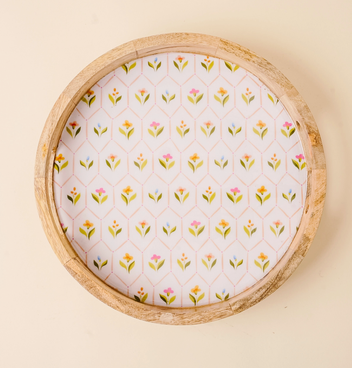 Large Round Wood Enamel Tray