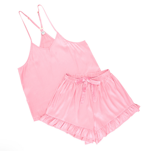 Pink Cami & Velvet Ruffled Short Set