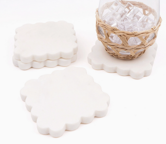 White Marble Scalloped Coaster Set