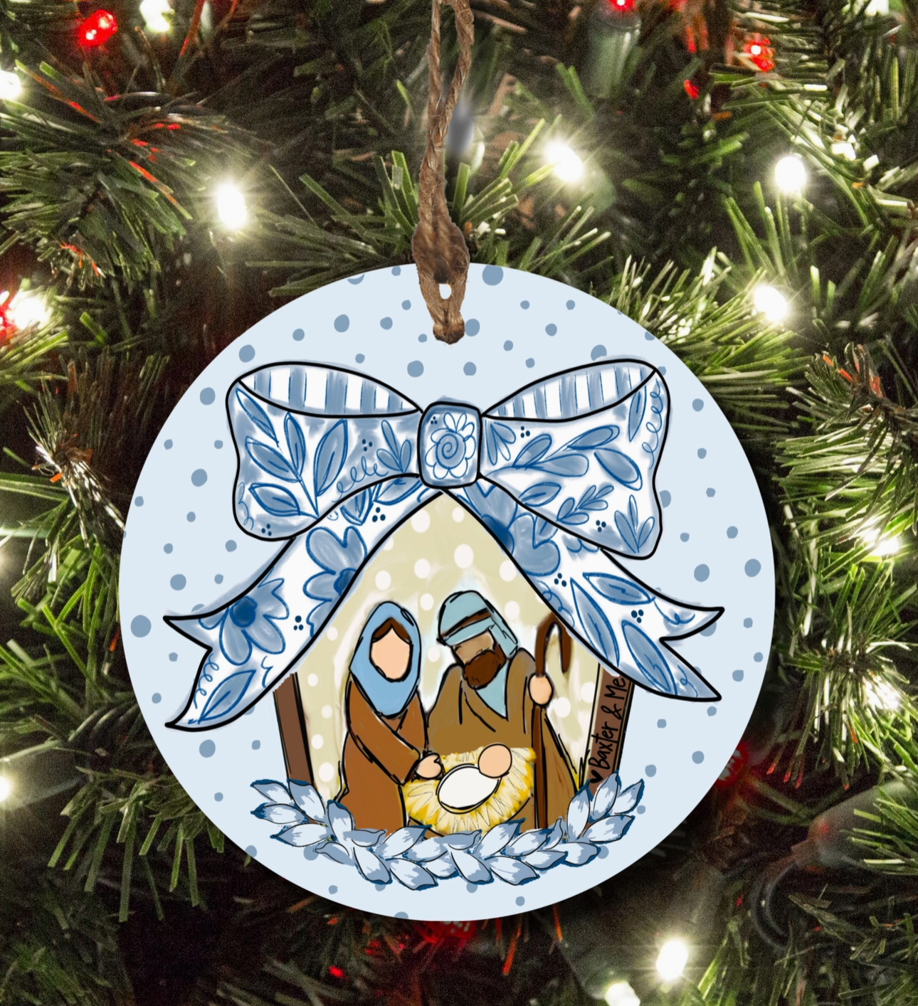 Blue Ribbon Bow Nativity Ornament