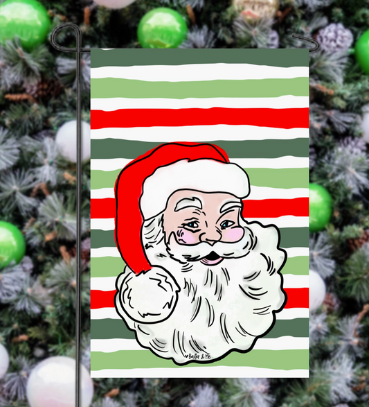 Vintage Santa On Christmas Stripes Garden Flag
