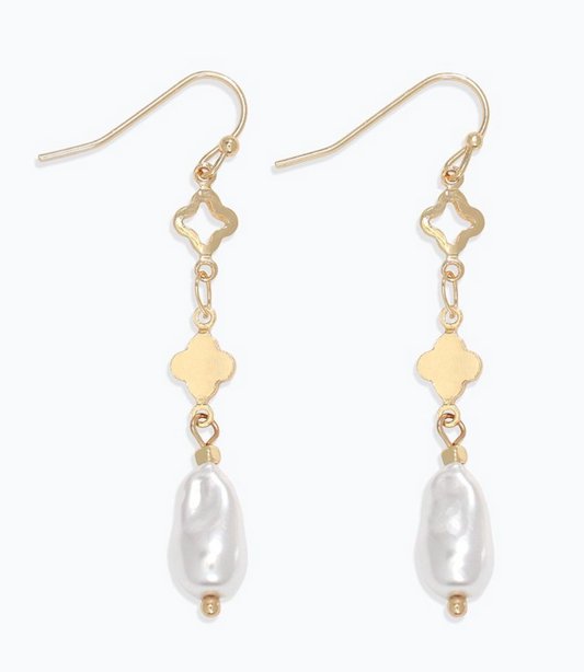 Gold Clover Pearl Drop Earrings