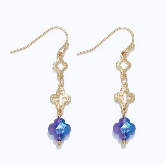 Gold Blue Clover Dangle Earrings