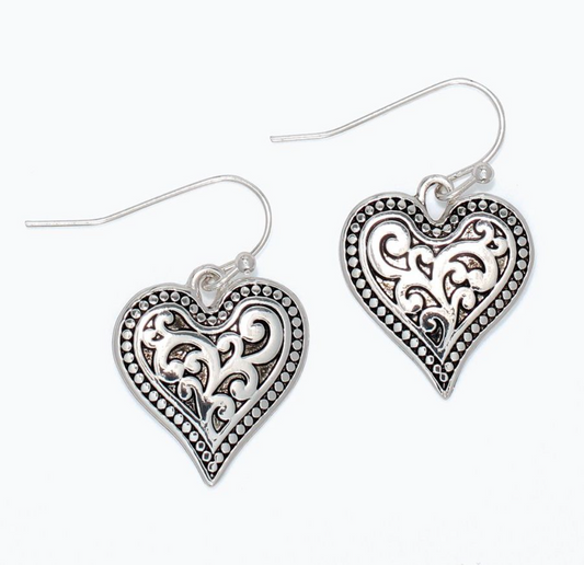 Silver Heart Scrollwork Earrings