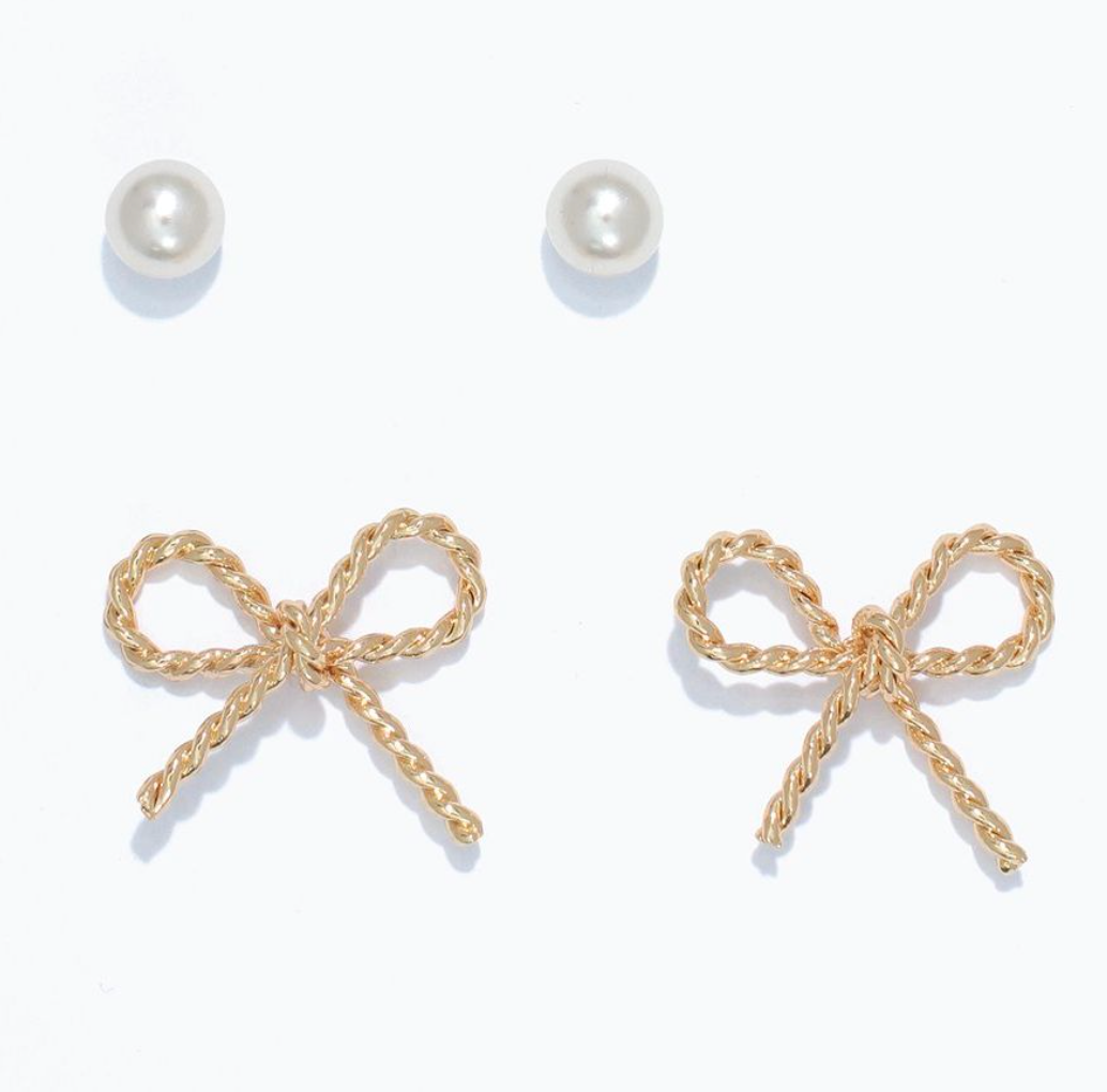 Pearls and Gold Bow Duo Earrings