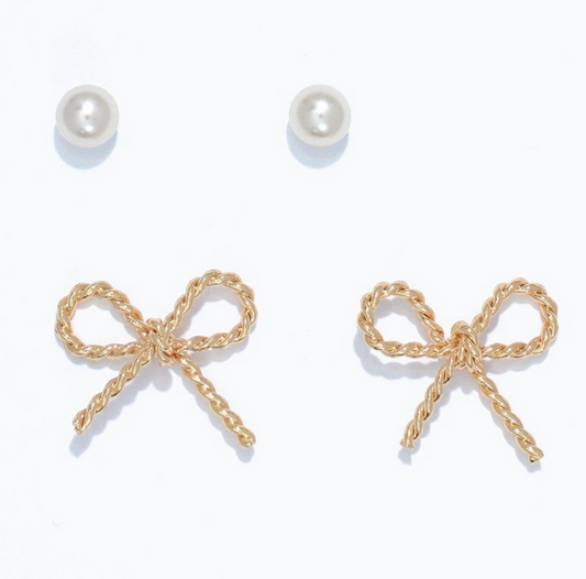 Pearls and Gold Bow Duo Earrings