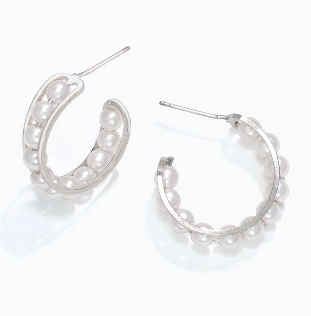 Silver Pearl Hoops