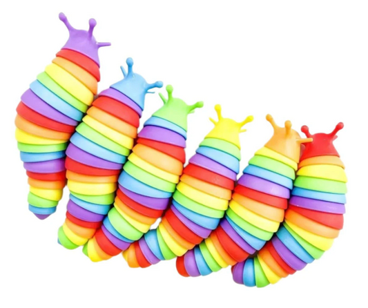 Set of colorful caterpillar-shaped toys on a white background
