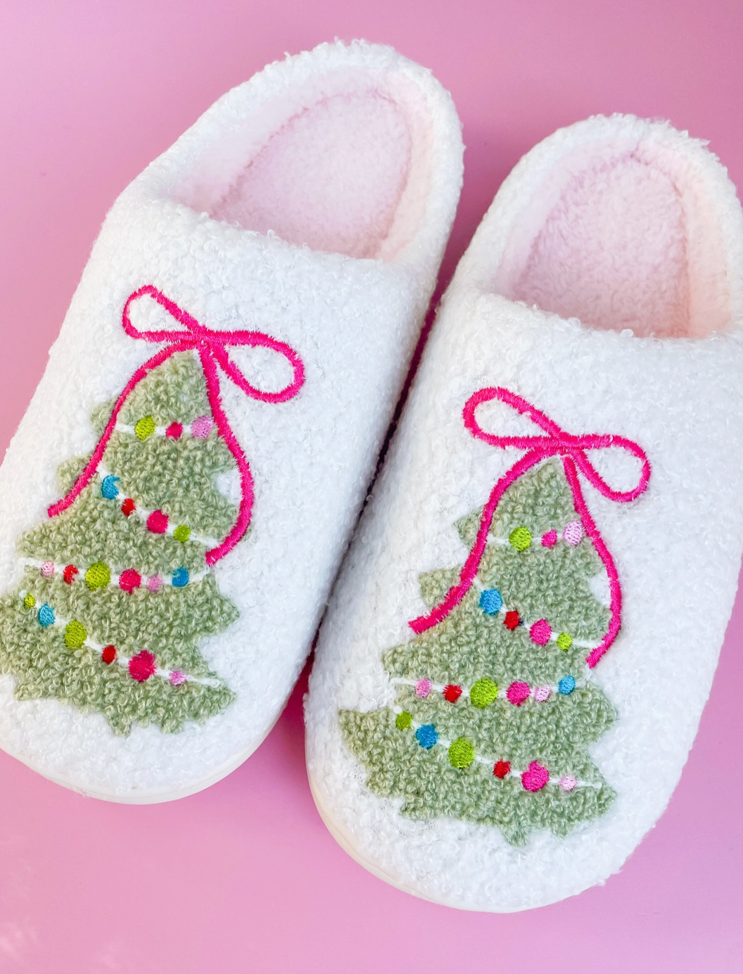MT Pink Bow Christmas Tree Slippers