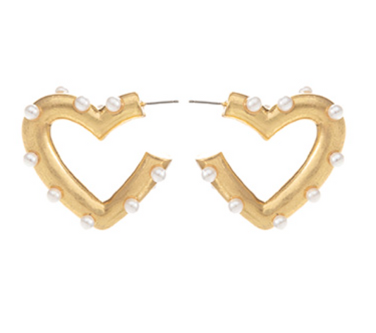 Pearl & Vintage Metal Heart Hoops