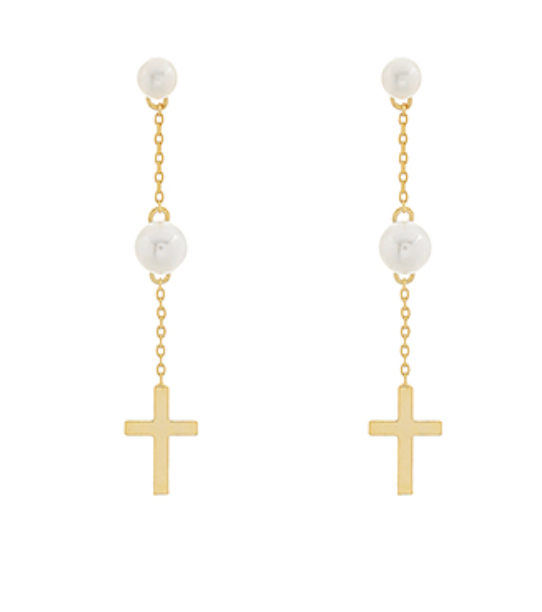 Pearl & Cross Linear Drop Earrings