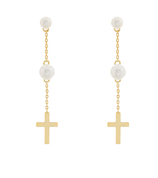 Pearl & Cross Linear Drop Earrings